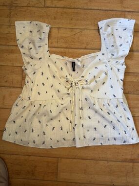 White Floral Tie-Front Peasant Top
